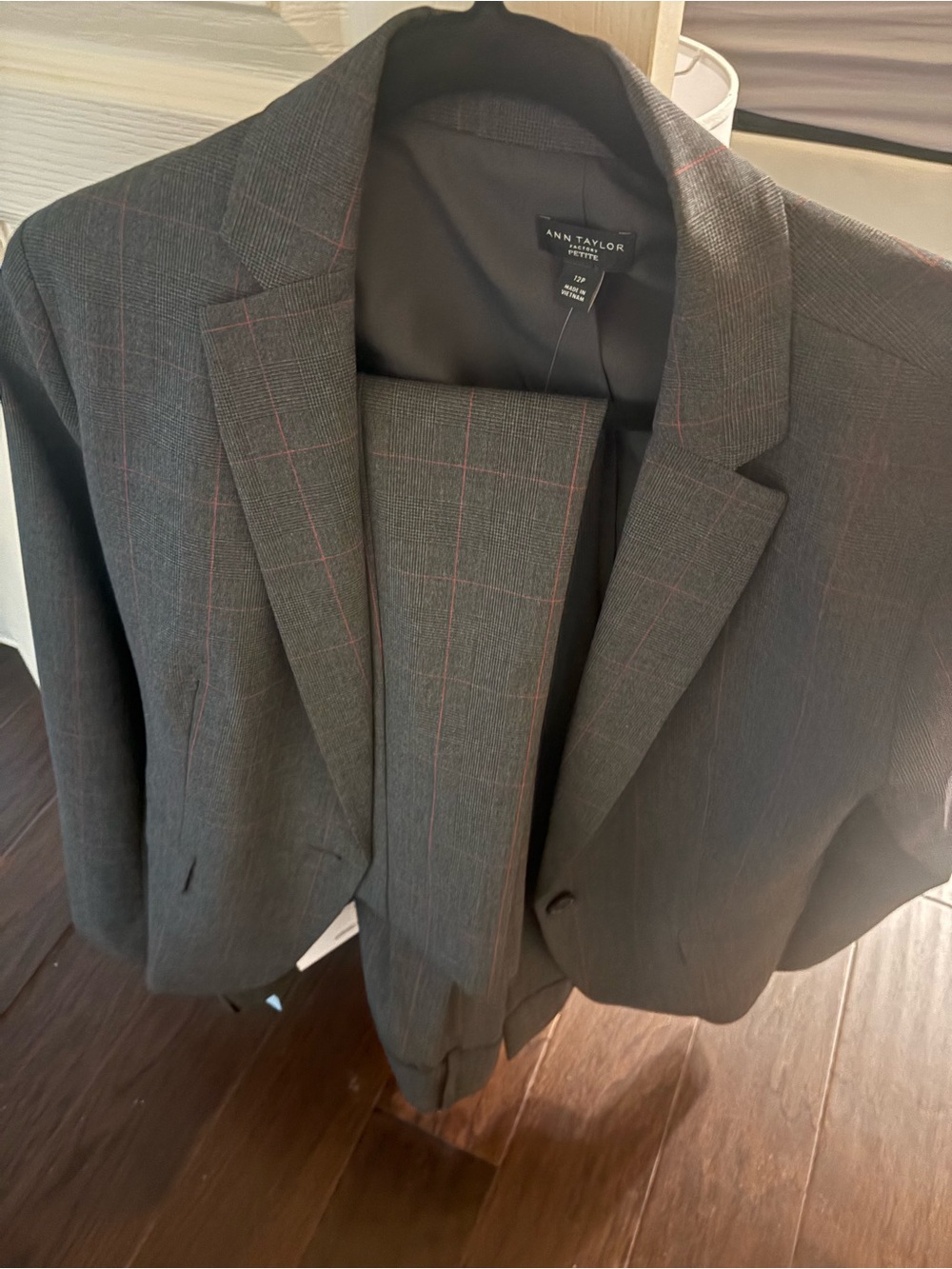 Ann Taylor Charcoal Gray Blazer with Pink Windowpane